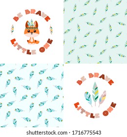 Be wild little one. Collection of cute backgrounds. Illustration of little indian fox and patterns of feathers. Can be used for kid party decoration, cards, invitations, posters or apparel print.