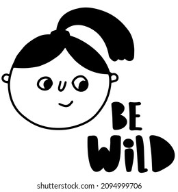 Be wild. Portrait of smiling woman expressing favor. Good mood. Female cheerful character in cartoon style. Happy positive person face with smile. Girl icon in line art, doodle design.