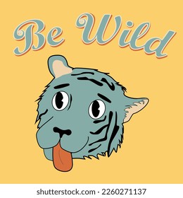 Sei Wildes Poster. Groovy-blauer Tiger. Vektorgrafik im Retro-Stil