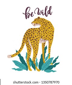 Be Wild slogan. Leopard. Typography graphic print, fashion drawing for t-shirts. Vector stickers, print, patches vintage.