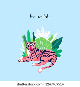 Be wild. Tiger and tropical plants. Vector illustration.