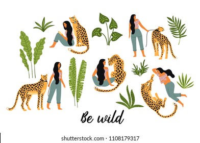 Be wild. Vector illustrations of woman with leopard and tropical leaves. Trendy design for card, poster, t shirt and other use. Be wild. Vector illustrations of woman with leopard and tropical leaves. Trendy design for card, poster, t shirt and other use.