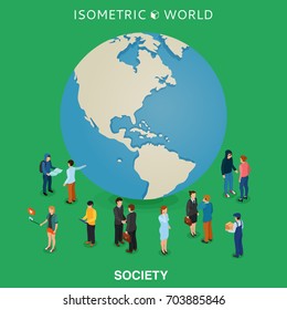 Be worldwide cosmopolitan globalization flat 3d web isometric infographic concept vector. Micro people standing around huge earth planet globe.