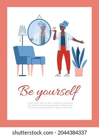Be yourself concept of card or poster with self-assured woman in front of mirror, cartoon vector illustration. Smiling confident in her beauty african american woman.