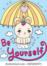 Be yourself. Cute rabbit-unicorn fantasy. Inspiration. Doodle art for Happy Valentine's day cards or greeting cards. Coloring book for adults and kids.