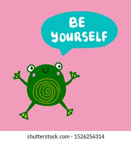 Be yourself hand drawn vector illustration in cartoon comic style happy frog jumping pastel colors banner print poster card kawaii