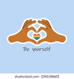 Be yourself. Hand heart gesture pride flag icon vector isolated on a blue background. LGBT design element. For design poster, postcard, banner and background.