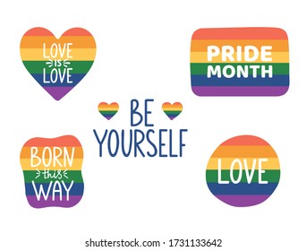 Be yourself hand lettering. Pride month hand drawn icon. LGBTQ stickers set. Tolerance day card. Pride flag. Born this way. Gay parade symbols. Vector illustration.