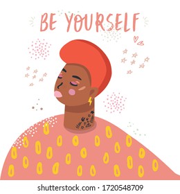 Be yourself. An illustration of a guy with makeup who is not afraid to be himself. Motivational and inspiring banner. Vector flat illustration.
