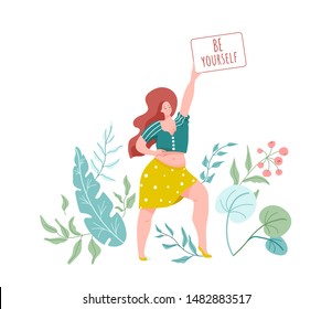 Be yourself. Smiling woman with plus size body in skirt, shirt. Vector illustration with green floral nature elements. Body love, positive concept.