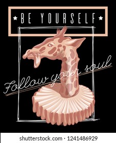 Be yourself. Vector hand drawn illustration of giraffe in the old collar . Template for card, poster, banner, print for t-shirt, pin, badge, patch.