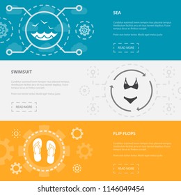 Beach 3 horizontal webpage banners template with sea, swimsuit, flip flops concept icons. Flat modern isolated icon illustration.