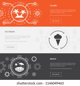 Beach 3 horizontal webpage banners template with island, ice cream, beach concept icons. Flat modern isolated icon illustration.