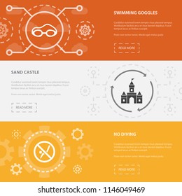 Beach 3 horizontal webpage banners template with swimming goggles, sand castle, no diving concept icons. Flat modern isolated icon illustration.