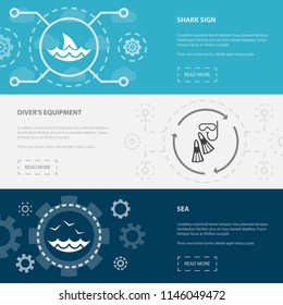 Beach 3 horizontal webpage banners template with Shark sign, Diver's equipment, sea concept icons. Flat modern isolated icon illustration.