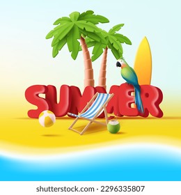 Beach with 3d summer composition of palm trees, beach chair and cocktail with parrot sitting on big summer letters