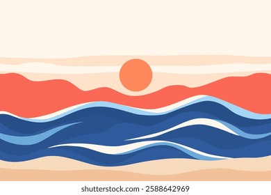 Beach abstract vector landscape. Sea beach landscape in abstract style. Sunset on the beach. Sandy seashore and mountains, clouds and sunset. Ocean waves.
