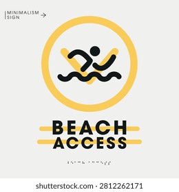 Beach Access Sign with Ocean Waves and Sand Path, vector illustration.