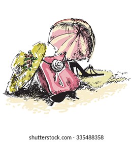 beach accessories bag with a towel a hat a glasses a shoes and an umbrella
