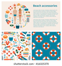 Beach accessories. Banner with a round logo and text. Two seamless pattern. Flat style.