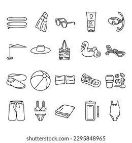 Beach accessories black line icons set. Pictograms for web page, mobile app, promo.