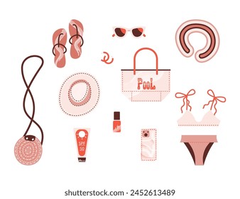 Beach accessories and clothes set. Women trendy items, handbags, stylish sunglasses, hat, earrings, flip-flops, bikini, pillow for summer holiday. Modern flat vector illustration