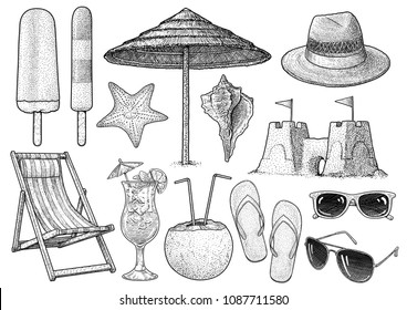 Beach accessories collection illustration, drawing, engraving, ink, line art, vector