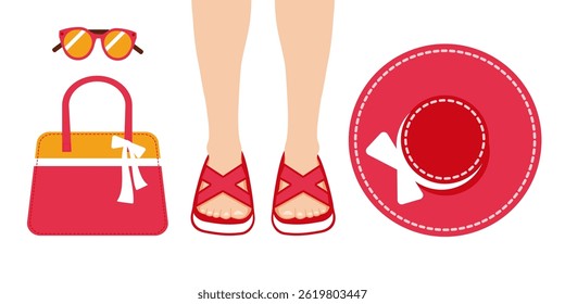 A beach accessories collection: sandals, beach bag with a bow, red hat with a bow, sunglasses. Red, orange summer set for beach and vacation concepts