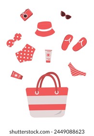 Beach accessories falling into a beach bag. Red Swimsuit, Swimming trunks, Hat, Sunglasses, Flip flops, Sunscreen, Camera. Hello Summer Concept. Vector illustration on white