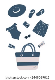 Beach accessories falling into a beach bag. Blue swimsuit, swimming trunks, hat, sunglasses, flip flops, sunscreen, camera. Hello Summer Concept. Vector illustration on white