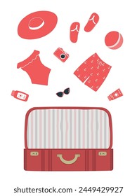 Beach accessories falling into a red suitcase. Red swimsuit, swimming trunks, hat, sunglasses, flip flops, sunscreen, camera. Packing suitcase for summer vacation. Hello Summer. Vector illustration