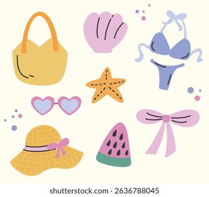 beach accessories hand drawn set collection