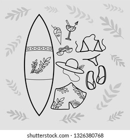 beach accessories Hawaii gray vector set
