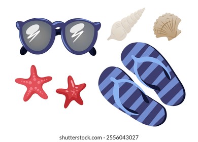 Beach accessories including sunglasses, striped flip-flops, starfish, and seashells. Vector illustration isolated on white background. Summer vacation and seaside concept for design and print.