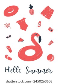 Beach accessories isolated on white. Red swimsuit, swimming trunks, hat, sunglasses, flip flops, sunscreen, camera, flamingo swimming ring. Packing suitcase for summer vacation. Hello Summer Vector