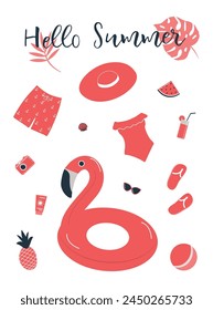 Beach accessories isolated on white. Red swimsuit, swimming trunks, hat, sunglasses, flip flops, sunscreen, camera, flamingo swimming ring, watermelon. Things for summer vacation. Hello Summer Vector