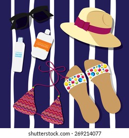 Beach Accessories lying over a blue striped towel. Panama Hat, dark sunglasses, bikini, water spray, sunscreen, crystal studded sandals. Vector and illustration design.