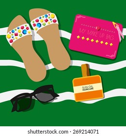 Beach Accessories lying over a green striped towel. Sandals, dark sunglasses, spray, crystal studded sandals, hair oil and make up bag. Vector and illustration design.