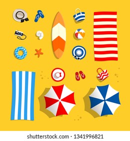 Beach accessories on sand. Set objects for swimming and vocation sea. Top view. Vector illustration in flat style.