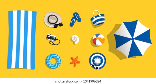 Beach accessories on sand. Set objects for swimming and vocation sea. Top view. Vector illustration in flat style.