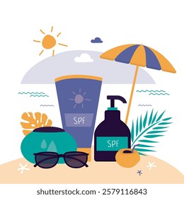 Beach accessories on sand. Sunglasses, umbrella and tube of sun cream for protection from sum lights. Summer items. Vacation, holidays. Accessories for protection from sun and ultraviolet rays. vector