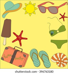 beach accessories on yellow background