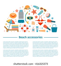 Beach accessories. Poster. Flat style.