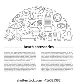 Beach accessories. Poster. Line style.