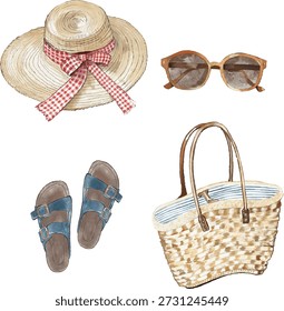 Conjunto de accesorios de playa dibujado a mano ilustración de verano. Elementos de verano aislados sobre fondo blanco. Viaje, playa, conjunto de accesorios de verano. Ilustración vectorial.