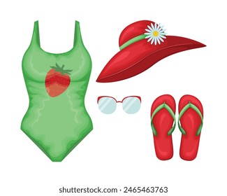 Beach accessories. A set of beach items such as a swimsuit, flip-flops, sunglasses and a beach hat. Clothes for a beach holiday. Vector illustration.