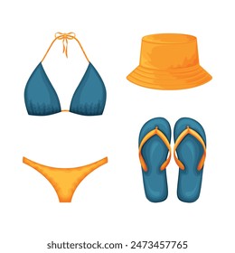 Beach accessories. A set of beach items such as a swimsuit, flip-flops, sunglasses and a beach hat. Clothes for a beach holiday. Vector illustration.