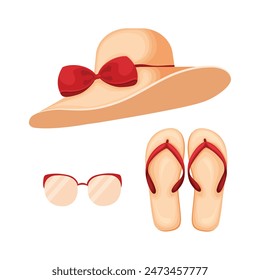 Beach accessories. A set of beach items such as a swimsuit, flip-flops, sunglasses and a beach hat. Clothes for a beach holiday. Vector illustration.