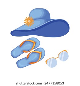 Accesorios de playa. Un conjunto de artículos de playa como un traje de baño, chanclas, gafas de sol y un sombrero de playa. Ropa para unas vacaciones en la playa. Ilustración vectorial.