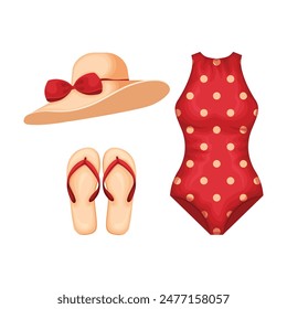 Beach accessories. A set of beach items such as a swimsuit, flip-flops, sunglasses and a beach hat. Clothes for a beach holiday. Vector illustration.